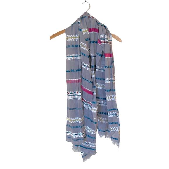 Rectangle Scarf Boho Embroidered Lightweight Gauze Gray Multicolor Trims Raw Hem - Picture 7 of 7